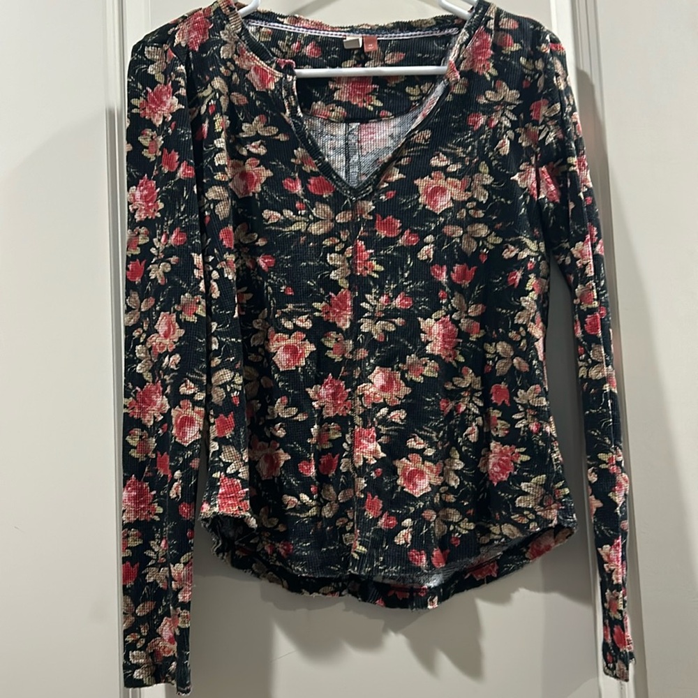 Anthropologie Pilcro Floral Waffle top long sleeves double raw hem women size XS